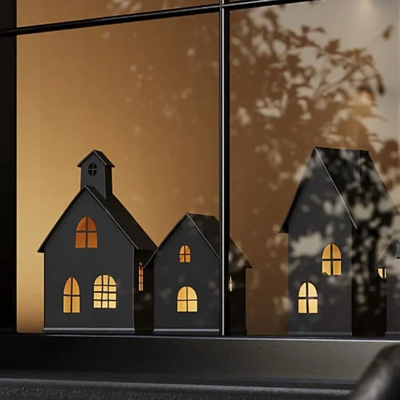 New! Crate&Barrel LARGE Black House with LED Lights Decor